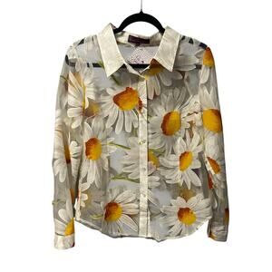 NWT Sweet Sinammon White Yellow Daisy Print Sheer Button Up Shirt Womens Medium